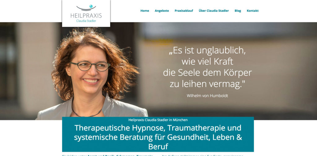 Heilpraxis Claudia Stadler in München

Therapeutische Hypnose, Traumatherapie und systemische Beratung für Gesundheit, Leben & Beruf
